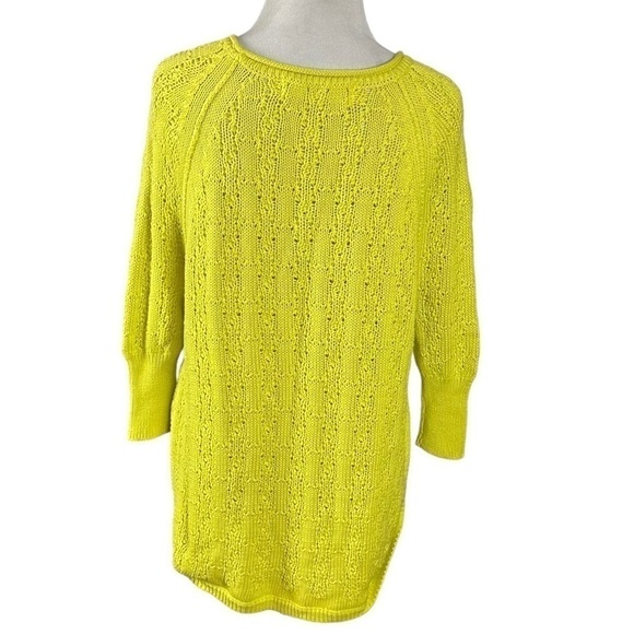 Anthropologie Sparrow Sweater XS 100% Cotton Yellow Chartreuse Open Knit Crochet - Picture 7 of 13
